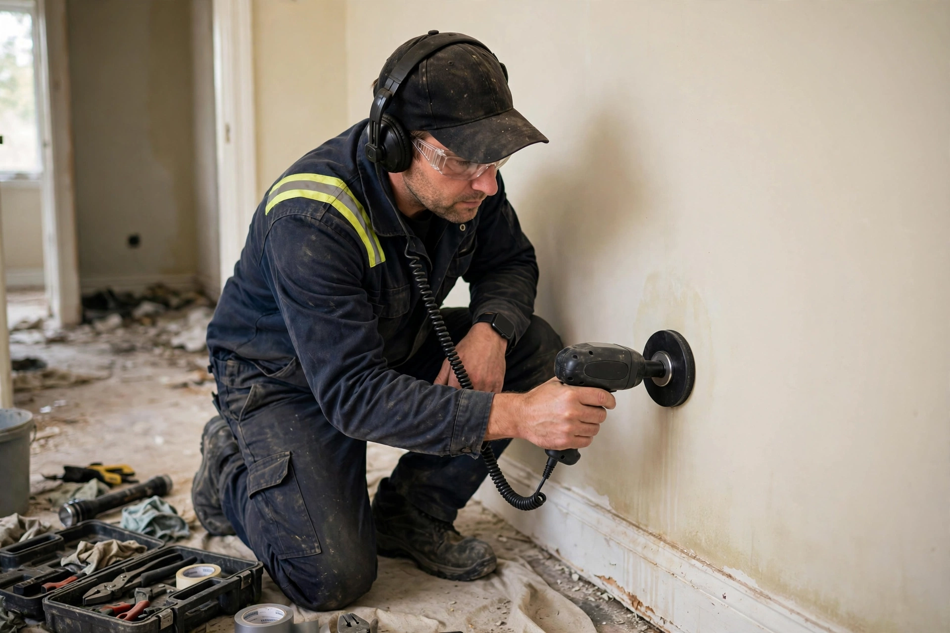 Technician using an acoustic listening device on a wall to find a leak