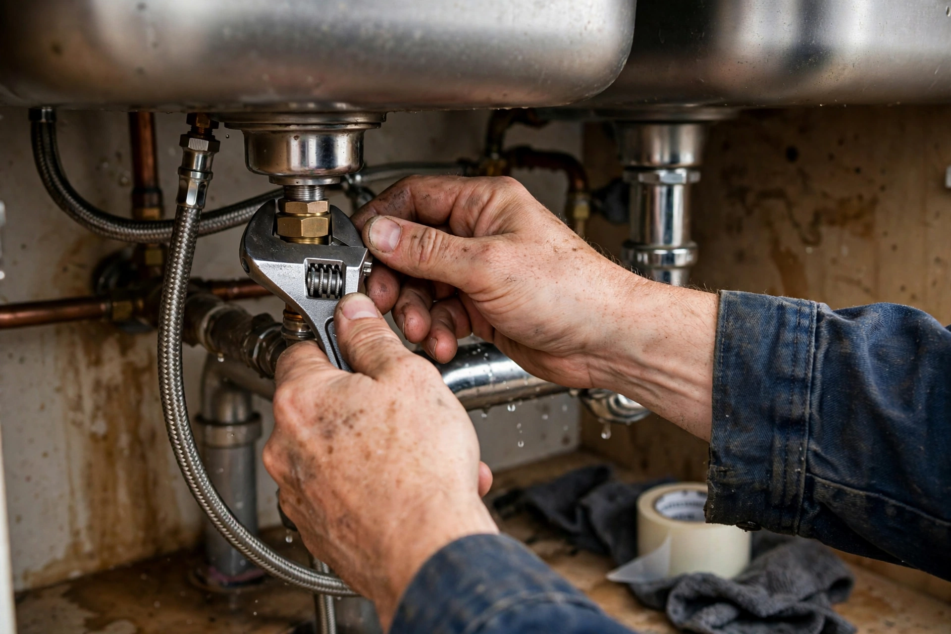 Plumber's hands repairing a kitchen sink faucet with a wrench