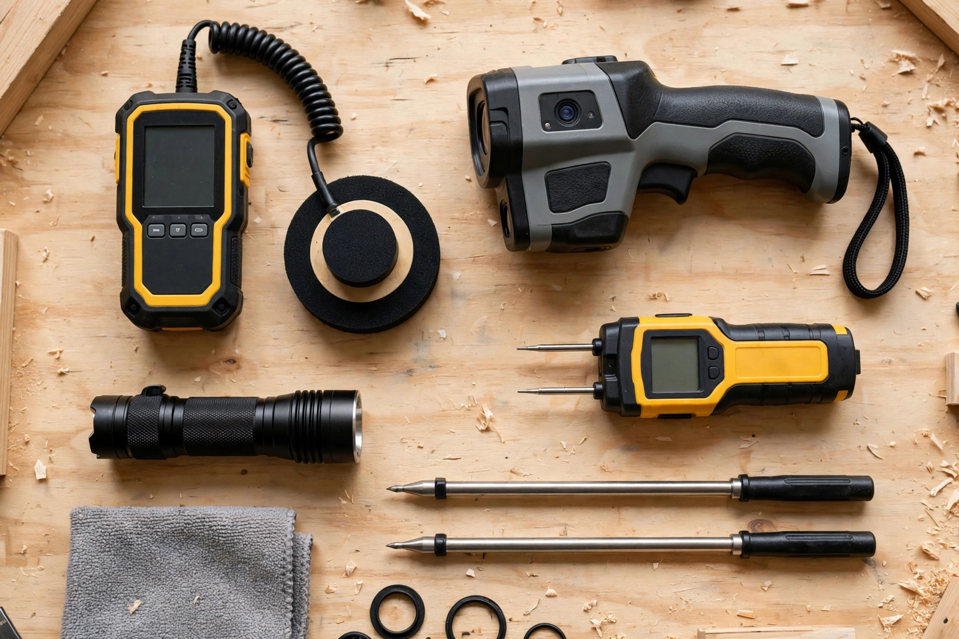 Professional leak detection tools: acoustic sensor, thermal camera, moisture meter