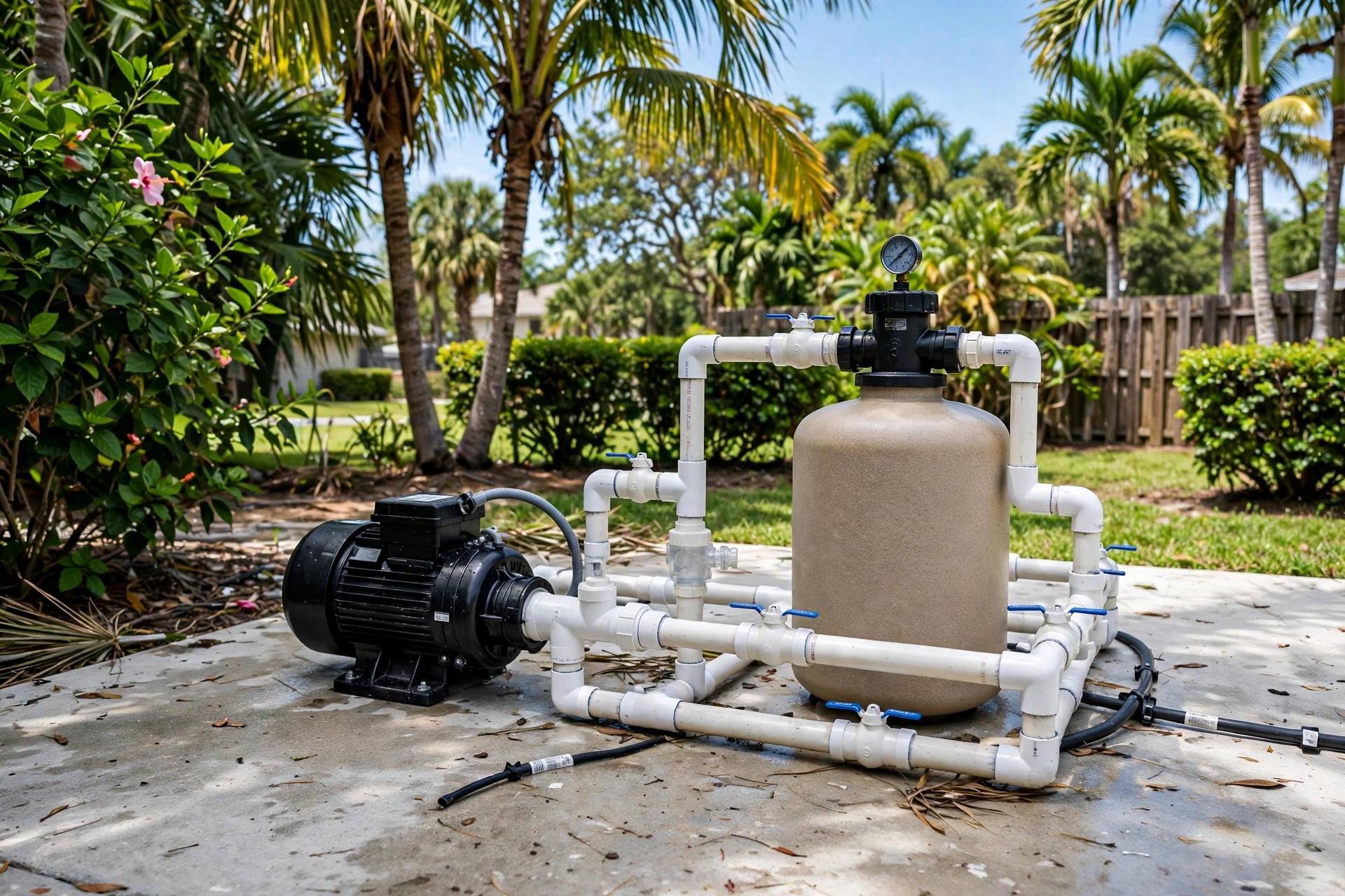 Swimming pool pump and filter equipment pad in a Florida backyard
