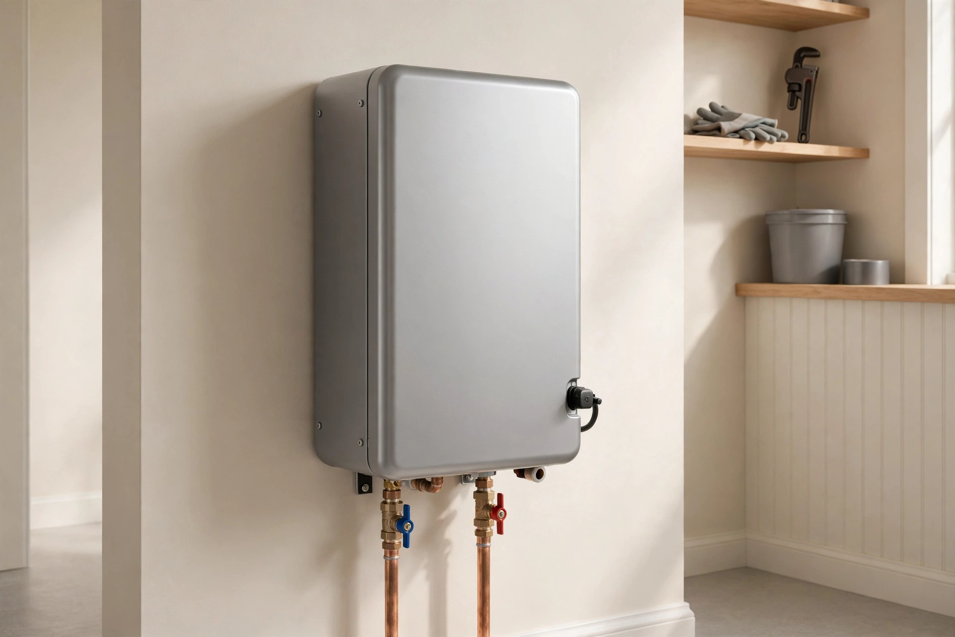 Modern tankless water heater mounted on an interior wall